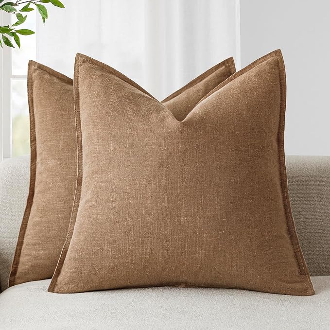 Foindtower Pack of 2, Decorative Linen Solid Throw Pillow Covers Soft Accent Cushion Case Boho Farmhouse Pillowcase for Chair Couch Sofa Bedroom Living Room Home Decor 24 x 24 Inch Light Khaki Brown