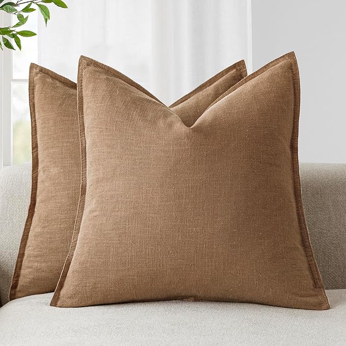 Foindtower Pack of 2, Decorative Linen Solid Throw Pillow Covers Soft Accent Cushion Case Boho Farmhouse Pillowcase for Chair Couch Sofa Bedroom Living Room Home Decor 22 x 22 Inch Light Khaki Brown