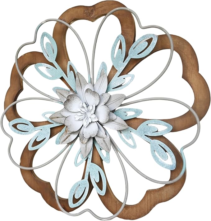 Remenna Metal Flowers Wall Decor, Rustic Floral Art, White & Blue, Farmhouse Hanging Decoration for Living Room, Bathroom, Garden