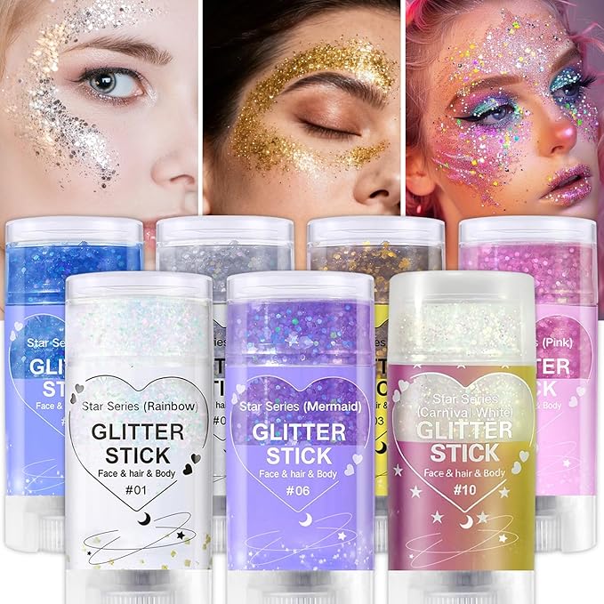 Pink Body Glitter Stick, Sparkling Pink Hair Glitter for Kids and Women, Waterproof Face Hair and Body Glitter Makeup, Rave Accessories Carnival Chunky Sequins