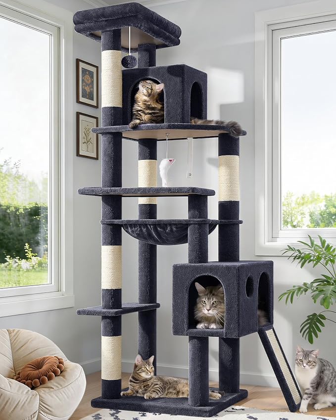 Globlazer Heavy Duty Cat Tree, 70 inch Sturdy Cat Tree for Indoor Cats Extra Large Cat Tower with Scratching Post, Hammock, Cat Condo for Adult Cats Kittens, F70 Pro, Dark Grey