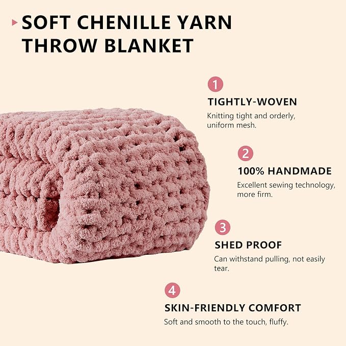 L'AGRATY Chunky Knit Throw Blanket for Couch, 80 x 90 Inches, Rose Pink | Handmade Chenille Crochet Blanket for Sofa Bed, Thick Cable Knitted Blankets for Room Home Decor, Birthday Gift for Women Mom