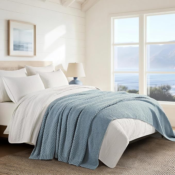 EVERGRACEHOME Chunky Chenille Knit Throw Blanket, 108x92, Chambray Blue | Sculpted Moss Stitch, Chic Modern Farmhouse, All-Season Warmth, OEKO-TEX® Certified, Oversized King for Couch, Bed, Sofa