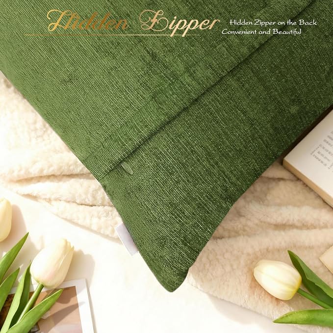BRAWARM Chenille Throw Pillow Covers 16x16 Inches, Forest Green, 2 Pack | Decorative Pleated Pillow Covers, Soft Cushion Cases for Sofa Bed Living Room Home Farmhouse (No Insert)
