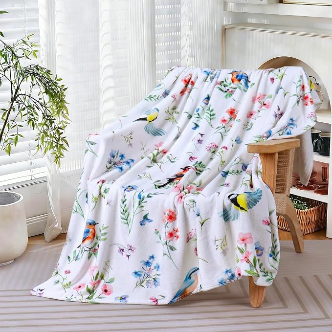 Floral Bird Blanket Ultra Soft Watercolor Flowers Throw Blankets Wildflower Flannel Fleece Throw Botanical Warm Cozy Fuzzy Plus Gifts Cabin Blanket for Bed Sofa,60" X 80"