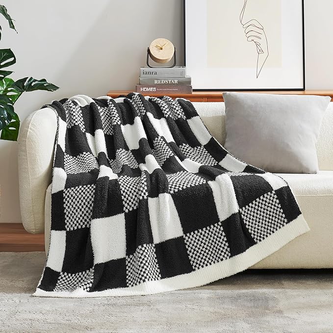 Snuggle Sac Checkered Blanket, Black Throw Blanket for Couch Plaid Microfiber Fluffy Warm Fuzzy Cozy Soft Throw Blanket Reversible Checkerered Blankets for Sofa, Chair, Bed, 50x60 inches