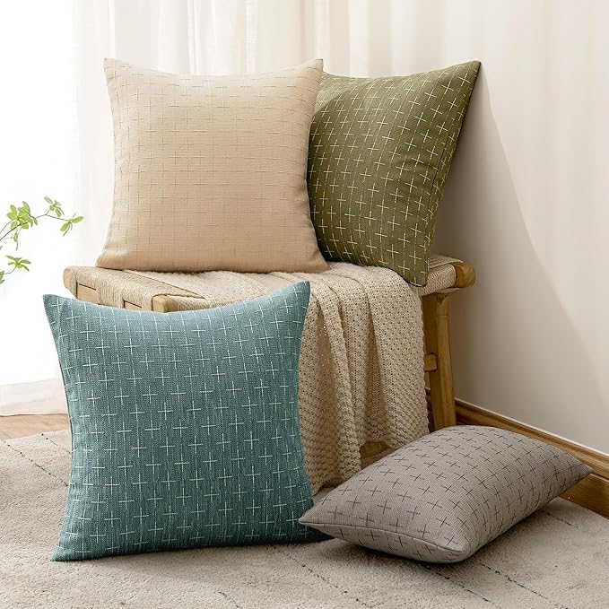 MIULEE Pack of 2 Decorative Burlap Linen Spring Throw Pillow Covers Modern Farmhouse Vintage Pillowcase Rustic Woven Textured Cushion Cover for Sofa Couch Bed 18x18 Inch Azure