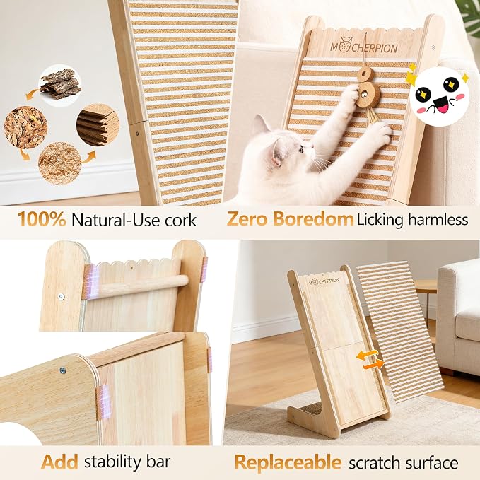 Cork Cat Scratching Board-Cat Scratcher Post-Cat Toy Scratch Pad for Indoor | Cat Scratching Posts-Cat Ramp-Cat Scratch Cardboard with Toy,Replaceable Use-Eco-Friendly Sustainable-Protect furniture white