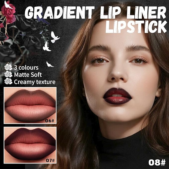 3 Colors 2 in 1 Gothic Lip Liner Set, Matte Dark Brown Red Black Lip Liner Plumping Smooth Creamy Lip Pencil, High Pigmented Long lasting Lip Stain Lipstick Goth Halloween Makeup, 06+07+08