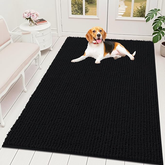 OLANLY Dog Door Mat for Muddy Paws 59x35, Extra Absorbent Chenille Mud Mat | Black, Absorbs Moisture and Dirt, Non-Slip Machine Washable Doormat, Quick-Drying Indoor Entryway Floor Mat for Dogs