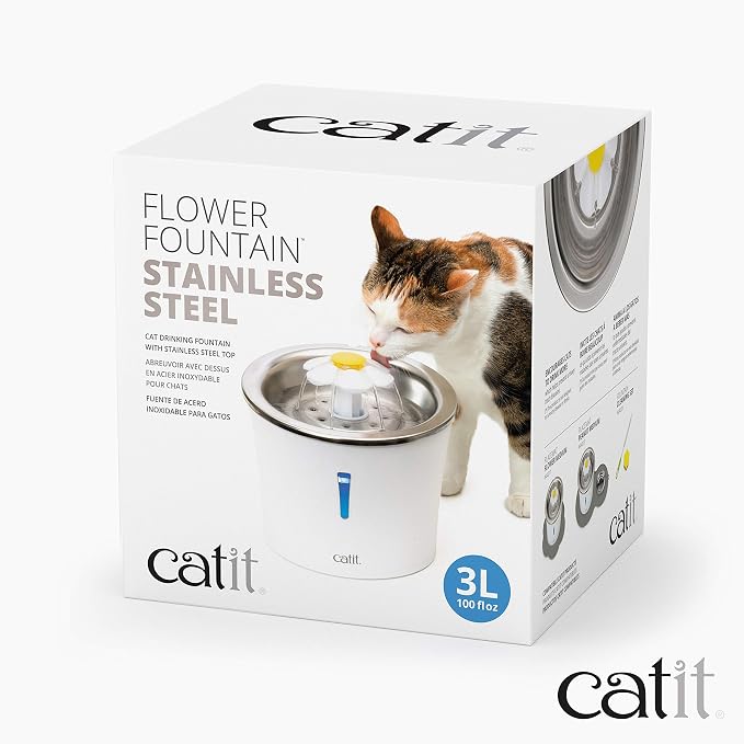Catit Stainless Steel Flower Fountain with Triple Action Filter, Cat Drinking Water Fountain, 3 L (Pack of 6)