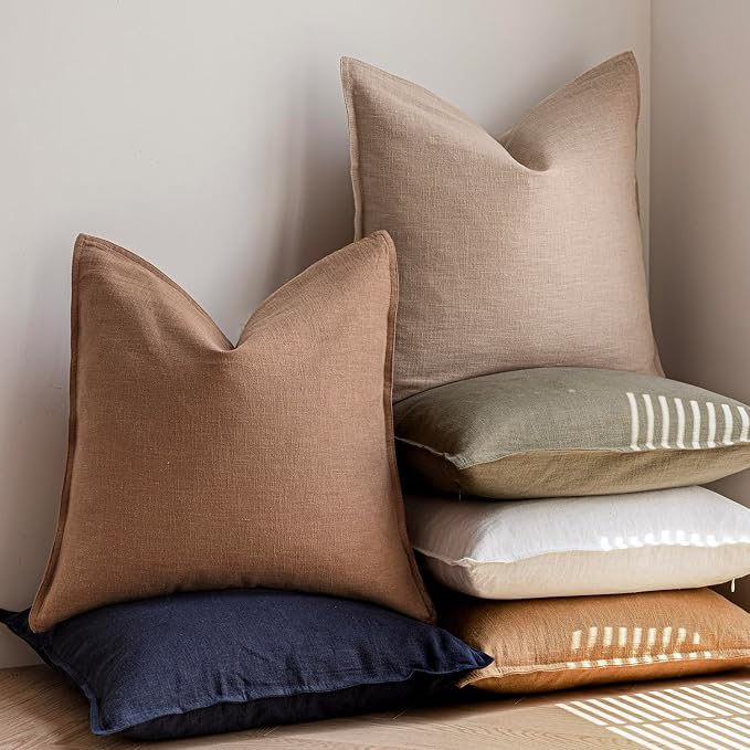 Foindtower Pack of 2, Decorative Linen Solid Throw Pillow Covers Soft Accent Cushion Case Farmhouse Neutral Pillowcase for Chair Couch Sofa Bedroom Living Room Home Decor 26 x 26 Inch Tan Beige