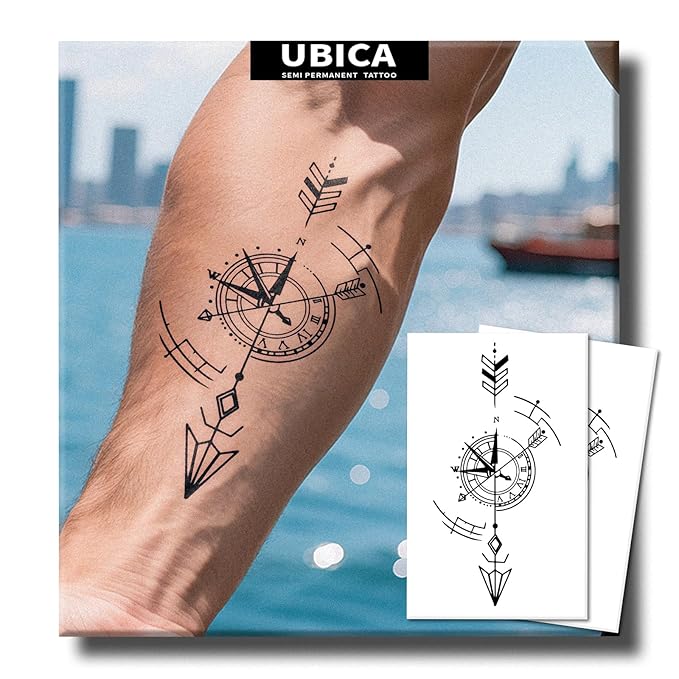 2 Sheets Long Lasting Compass Temporary Fake Tattoos For Men Arm Spine,Arrowhead Semi Permanent Tattoo For Adults Boys,Realistic, Waterproof and Non-Reflective