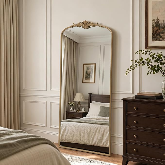 Besdomus Antique Mirror Full Length: 26"x63" Brass Gold Arched Body Mirrors | French Floor Standing Metal Framed - Vintage Baroque Traditional Ornate - Ideal for Foyer/Cloakroom/Bedroom/Dressing Room