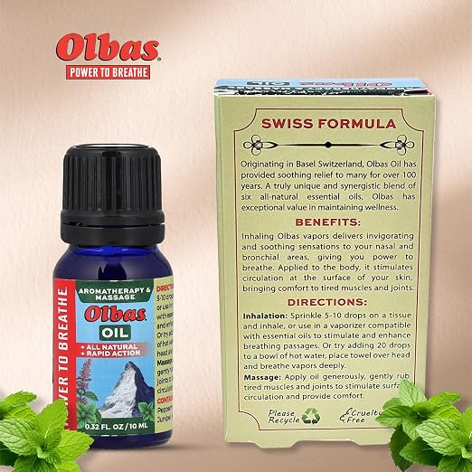 Olbas Aromatherapy Inhalant and Massage Oil Pack Of 4 (0.32 Fl Oz), body massage oil, Swiss Herbal Remedies with Pure Essential massage oils for muscle relaxing and soothing comfort for pain relief