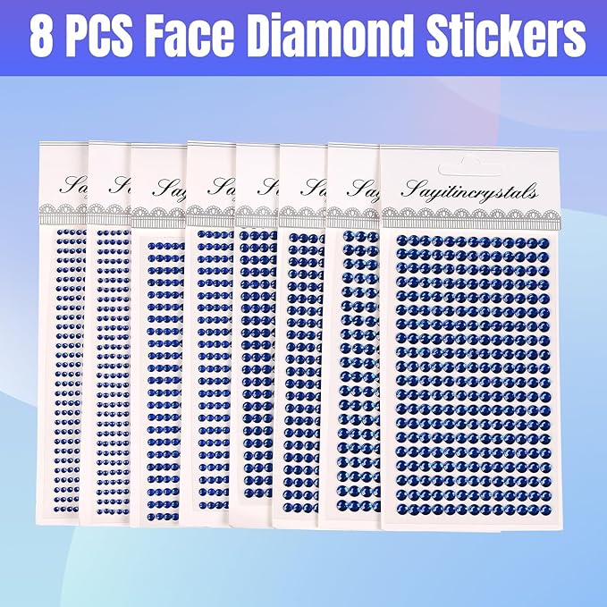 8 Sheets Rhinestone Stickers，3584 Pcs Gem Stickers for DIY Face Eyes Makeup Hair（Deep Blue-3/4/5/6mm）