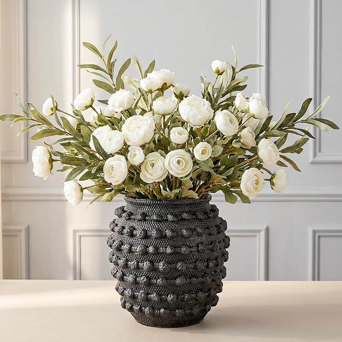 DN DECONATION Rustic Farmhouse Vase, Textured Boho Vase for Home Decor | Black, 8.6 Inch, Cement Decorative Flower Vases with Rope Knots for Living Room, Table Centerpiece, Shelf, Mantel Decoration