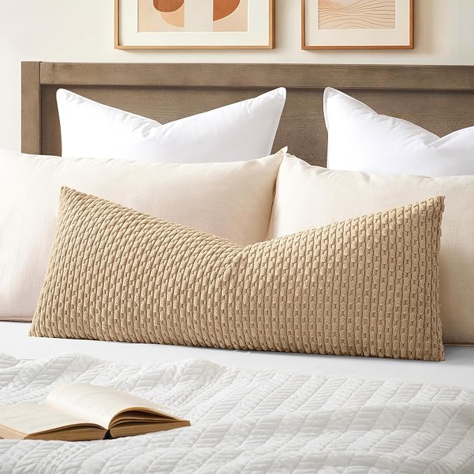 Kevin Textile Soft Corduroy 14"x36" Lumbar Pillow Cover 1 Pack, Tan | Boho Stripe Plush Corduroy Decorative Oblong Cushion Cover Modern Farmhouse Home Decor for Sofa Couch Bed Chair