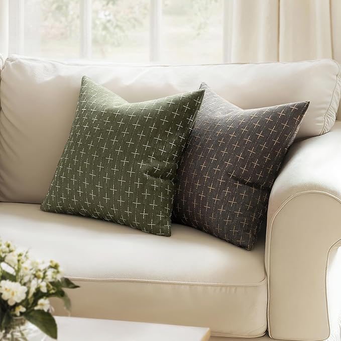 MIULEE Pack of 2 Decorative Burlap Linen Spring Throw Pillow Covers Modern Farmhouse Vintage Pillowcase Rustic Woven Textured Cushion Cover for Sofa Couch Bed 22x22 Inch Olive Green