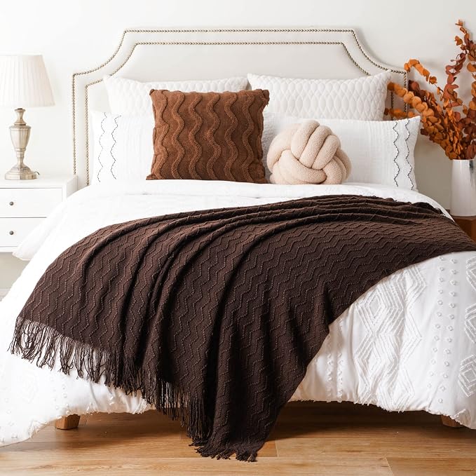 BATTILO HOME Dark Brown Throw Blanket for Couch, Boho Throw Blanket for Home Decor, Decorative Chocolate Knit Throw Blankets for Chair Sofa, Bed, 50"x60"