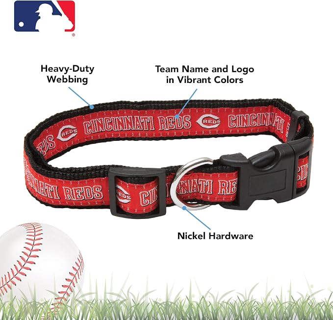 MLB Cincinnati Reds Licensed PET COLLAR- Heavy-Duty, Strong, and Durable Dog Collar. Available in 29 Baseball Teams and 4 Sizes