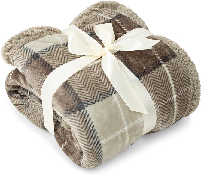 PAVILIA Twin Plaid Sherpa Throw Blanket for Couch Sofa Bed, Taupe, 60x80 | GSM 460; Soft Plush Flannel Fleece; Warm&Cozy for Home; Machine Washable, Perfect Cabin Decor Winter Holiday Christmas Gift