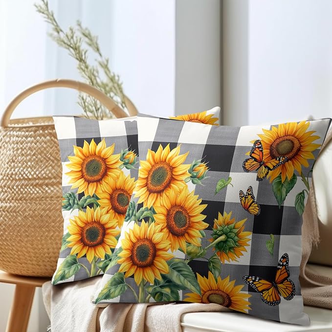 Sunflower Pillow Covers 18X18 Inch Set of 2 Black White Buffalo Plaid Flower Decorative Pillow Cases Spring Summer Floral Cushion Case Farmhouse Modern Home Decor for Sofa Couch Bedroom