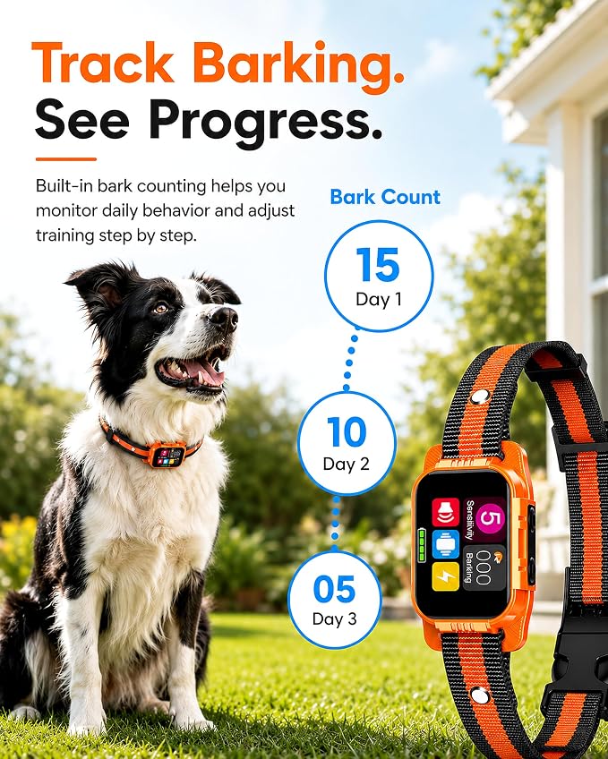 Smart Dog Bark Collar - Anti Barking Device for Large Medium Small Dogs, Stop Excessive Barking & Aggression Behavior, with 5 Modes & 5 Sensitivity, IP67 Waterproof for Indoor/Outdoor Use, Orange
