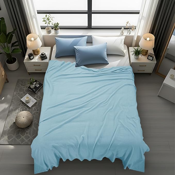 Utopia Bedding Cotton Blend Sky Blue Waffle Blanket Queen - 90x90 Inches | Lightweight, Skin Friendly, Breathable, All Season, Luxury, Bed, Couch, Sofa