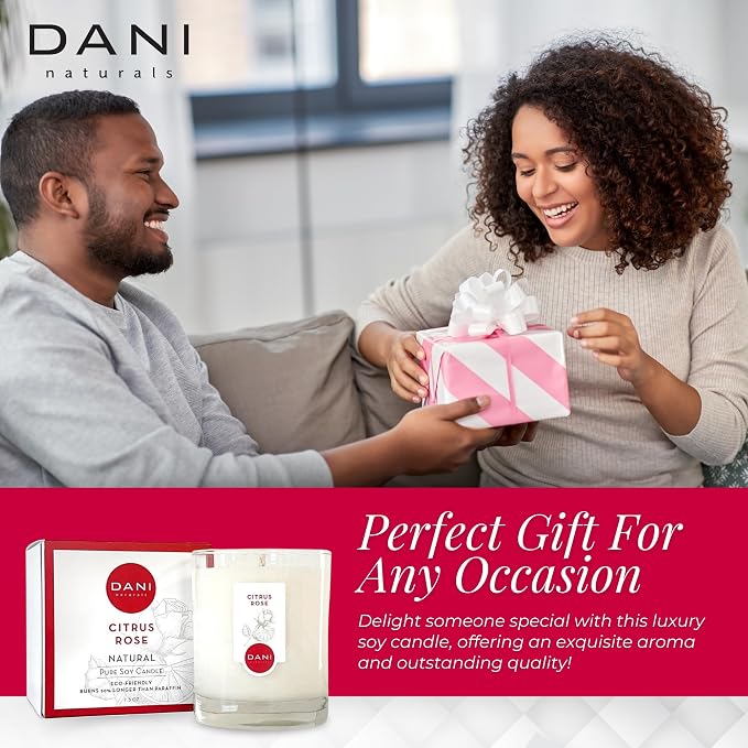 DANI Naturals Citrus Rose 100% Soy Wax Candle, Non-Toxic, 7.5oz | Vegan,soy wax candle,Clean-burning with organic cotton wick,Bright citrus rose scent,Made in USA