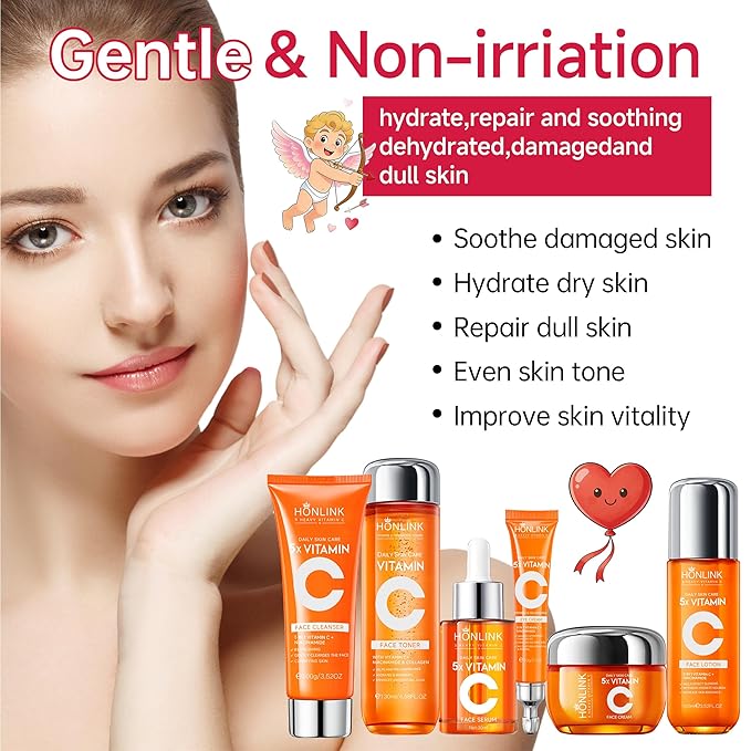Glown 6-Piece Hydrating Skincare Set with Vitamin C & Niacinamide,Complete Face & Body Care Kit with Cleanser,Toner,Serum,Moisturizer,Eye Cream & Body Lotion | Valentine’s Day Skincare Gift for Women