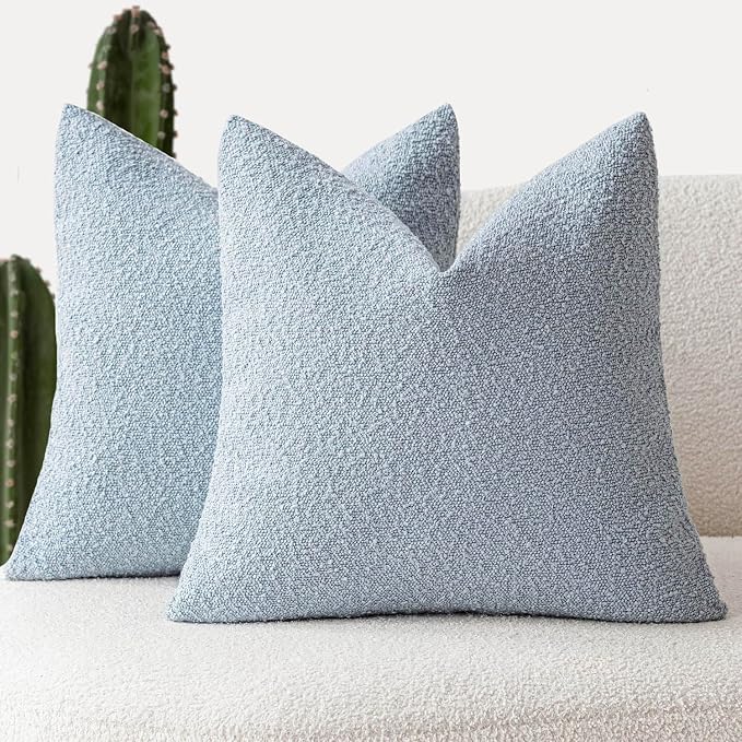 Foindtower Pack of 2 Modern Textured Boucle Throw Pillow Covers Accent Solid Decorative Pillow Cases Cozy Woven Couch Cushion Case for Chair Sofa Bed Living Room Home Decor, 22 x 22 Inch, Light Blue