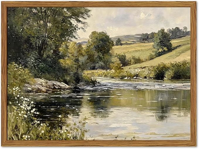 Framed Vintage Landscape Wall Art, Country Nature River Pictures Wall Decor, Rustic Field Paintings Canvas Prints Farmhouse Home Decor Aesthetic for Living Room Bedroom Bathroom 16x24 inch