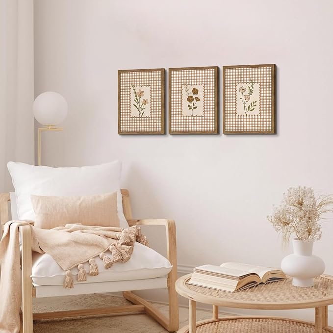 Framed Vintage Floral Wall Art Set of 3, Neutral Wildflower Botanical Canvas Wall Decor Paintings, Cottagecore Gingham Flower Posters Prints Pictures for Living Room Bedroom Bathroom 12x16 Inch