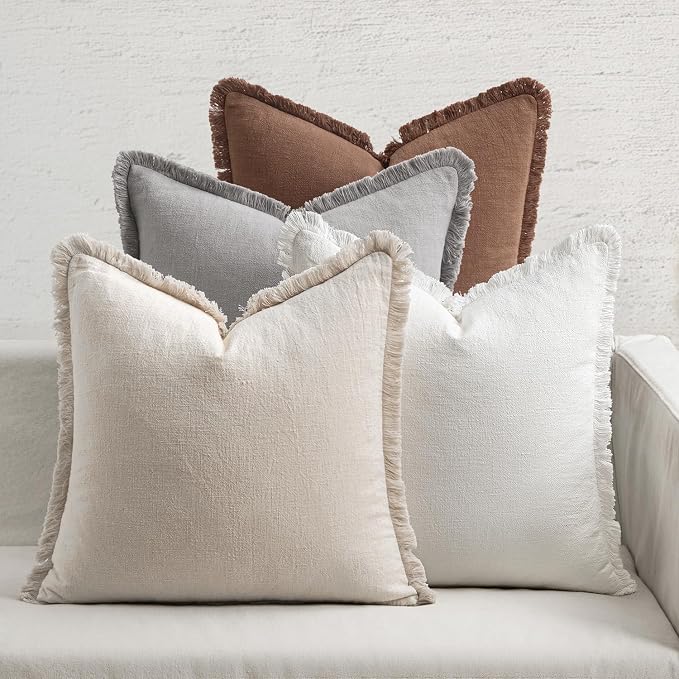 MIULEE Fall Linen Fringe Pillow Covers Set of 4 18x18 Beige/Brown/Grey | Boho Farmhouse Decorative Throw Pillow Covers, Neutral Soft Rustic Cushion Cases, for Couch Sofa Bed Living Room Home Decor