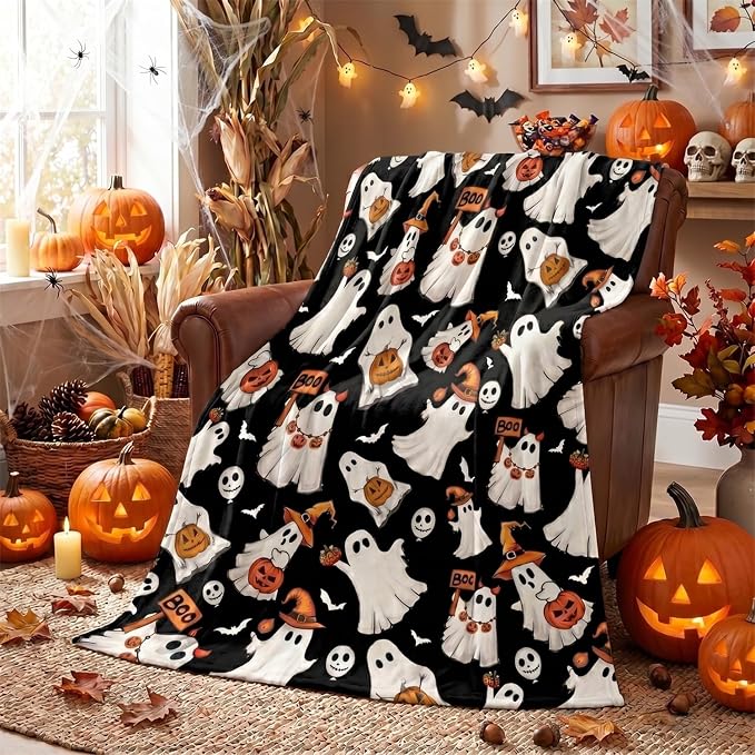 Horaldaily Halloween Black Ghost Pumpkin Skulls Flannel Throw Blanket 60x80 | All Season Using Ultra Soft Fuzzy Plush Cozy Non-shedding Blanket for Couch Sofa Bed Camping, Ideal Gift for Kids Adults