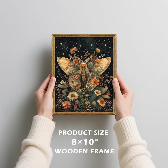 ICHZUMW Framed William Morris Moth Floral Vintage Canvas Wall Art 8x10 In | Dark Cottagecore Prints, Antique Aesthetic Celestial Wall Decor for Bedroom Living Room Bathroom Office, Ready to Hang
