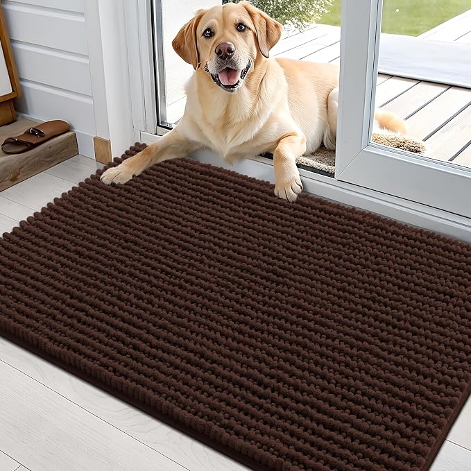 OLANLY Dog Door Mat for Muddy Paws 36x24, Extra Absorbent Chenille Mud Mat | Brown, Absorbs Moisture and Dirt, Non-Slip Machine Washable Doormat, Quick-Drying Indoor Entryway Floor Mat for Dogs