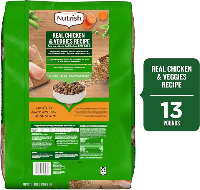 Nutrish Adult Dry Dog Food, Chicken & Veggies, 13 lb. Bag (Rachael Ray) | Complete & Balanced Nutrition for Small, Medium and Large Breed Dogs, Veterinarian Reviewed Formula, No Artificial Flavors