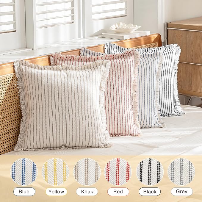 YEENAASY Throw Pillow Covers 18x18 Boho Striped Pillow Cases with Tassel | Set of 2 Fringe Pillow Cover Farmhouse Cushion Covers Neutral Pillows Decorative Square Pillowcase for Couch Sofa Bed, Khaki