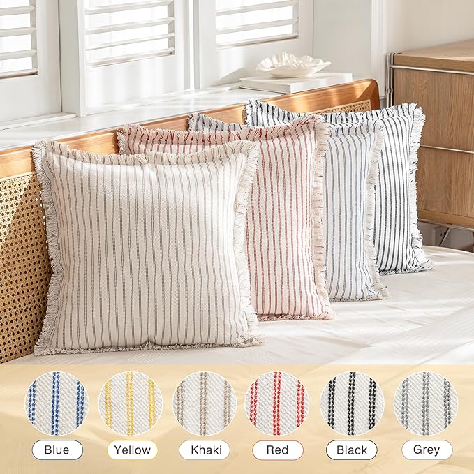 YEENAASY Throw Pillow Covers 22x22 Boho Striped Pillow Cases with Tassel | Set of 2 Fringe Pillow Cover Farmhouse Cushion Covers Neutral Pillows Decorative Square Pillowcase for Couch Sofa Bed, Black