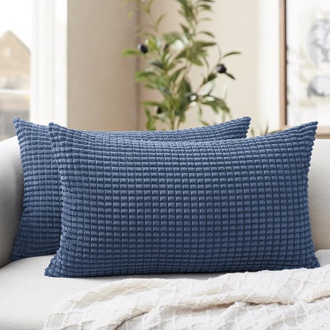 Softalker Corduroy Decorative Throw Pillow Covers 12x20, 2 Pack, Navy Blue | Soft Boho Striped Pillow Cases, Couch Fluffy Cushion Covers for Farmhouse Home Decor Bed Living Room