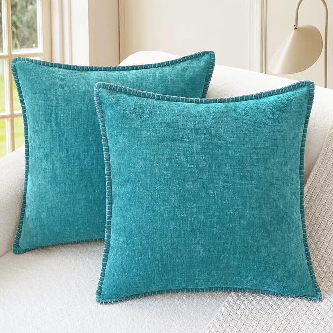 CaliTime Decorative Couch Throw Pillow Covers 22 X 22 Inches Lake Blue | Pack of 2, Cozy Chenille Cushion Cases, Cotton Thread Stitching Edges, for Sofa Bed Living Room Farmhouse