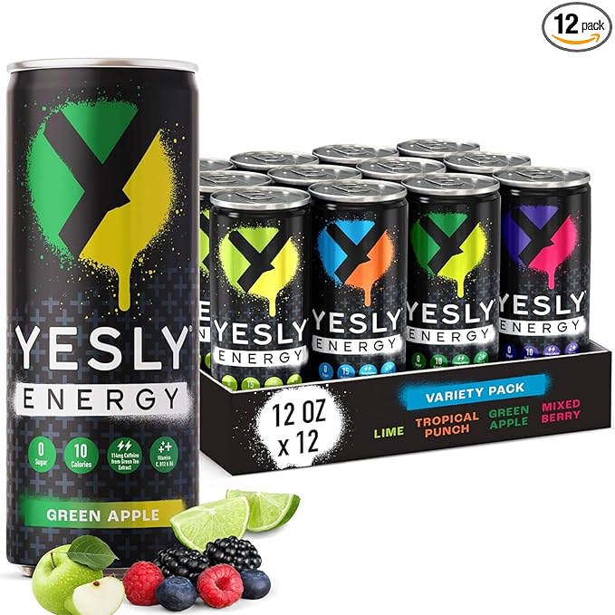 Yesly Energy Drink, Variety Pack, Naturally Flavored Sparkling Energy Drink With Electrolytes, Magnesium, Potassium, Vitamin C, B6 & B12, Natural Caffeine From Green Tea, 12 Fl Oz Cans, 12 Pack