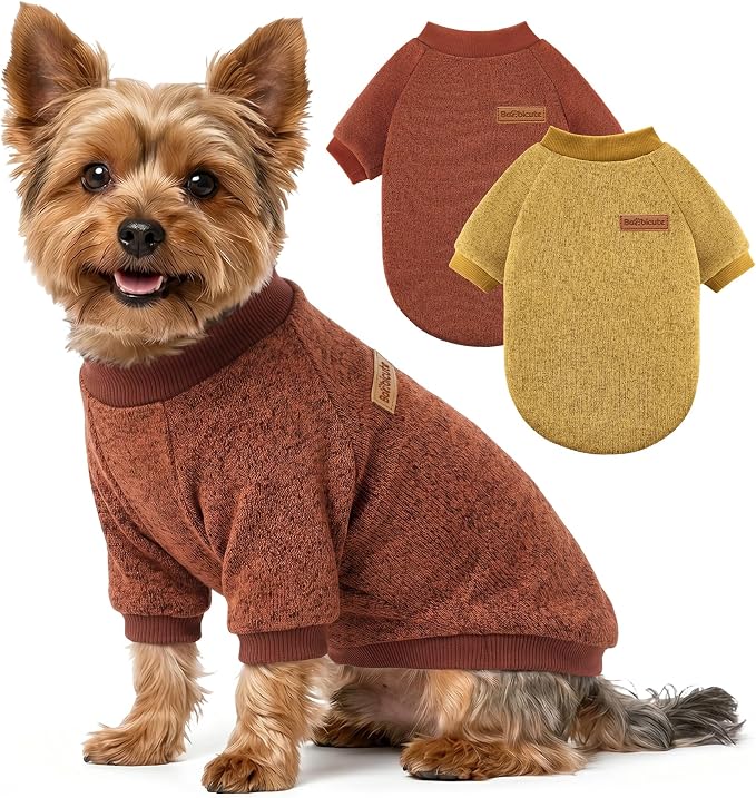 2 Pack Dog Sweaters for Small Dogs Girl Boy Winter Fleece Clothes Warm Soft Dog Sweatshirt Outfit for Dogs Cats Pet Apparel (Brown+Yellow, S (Back: 11.8",Chest: 15.7", 5.5-10Ibs))