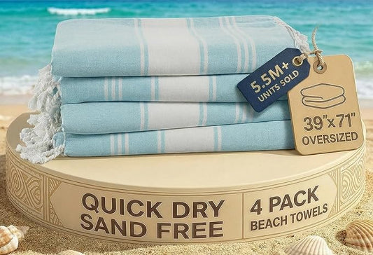 LANE LINEN Oversized Beach Towel - Beach Towels 4 Pack, Pre-Washed Pool Towel, Extra Large Beach Towel, Quick Dry & Sand Free, Lightweight Travel Towel, 39"x71" - Aqua