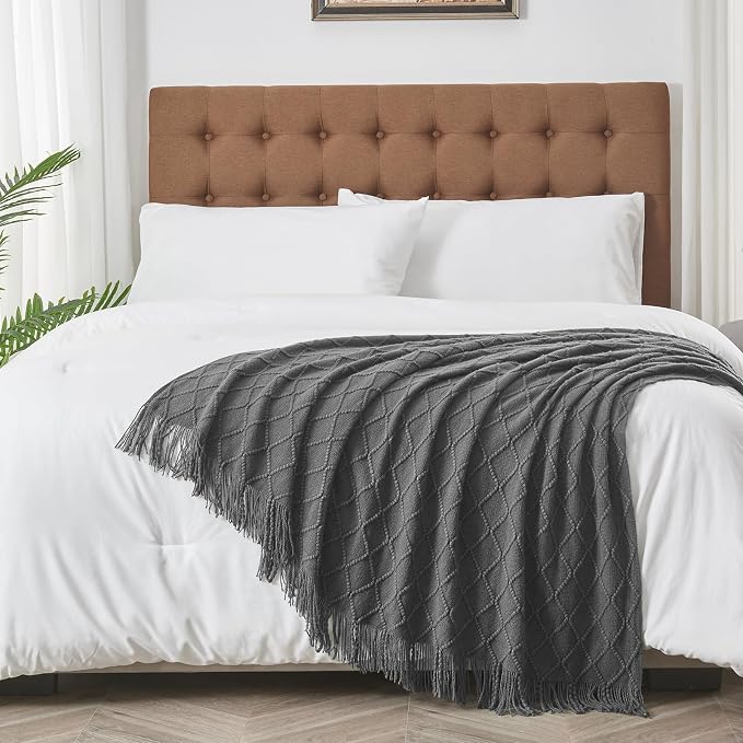 inhand Dark Grey Knitted Throw Blanket for Couch and Bed, 50"x60" | Soft Living Room Home Decor Knitted Blanket, Tassel, Outdoor Lightweight Breathable Summer, Farmhouse Warm Woven Decorative