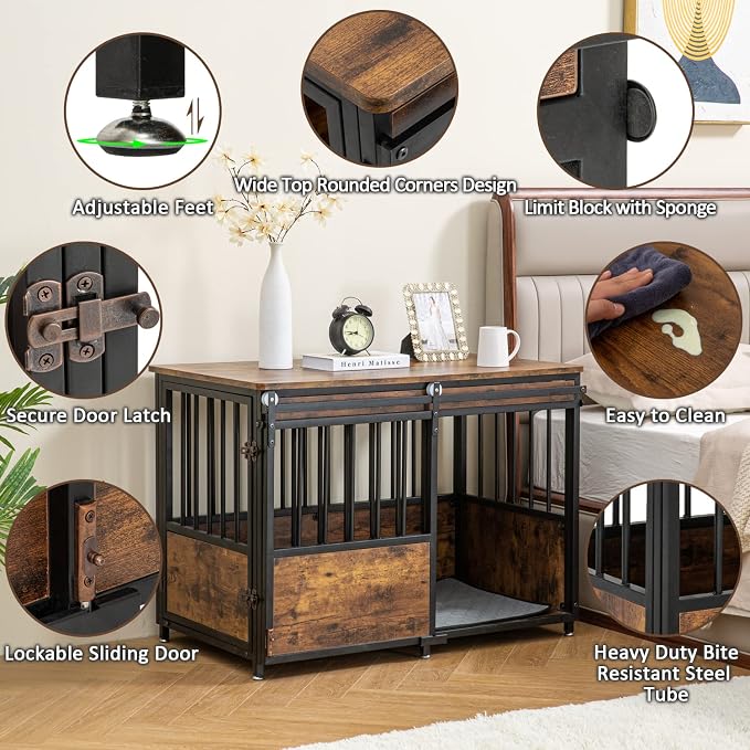 KOOPRO 40" Dog Crate Furniture w/Cushion, Heavy Duty for Large Medium Dogs | Wooden Dog Kennel with Double Doors, Decorative Pet House Dog Cage Side End Table Indoor, Sliding Door Chew-Resistant