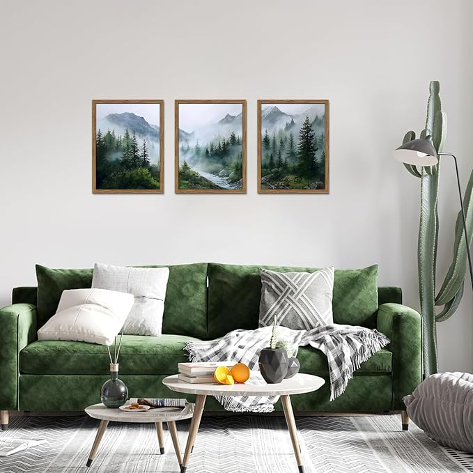 Framed Forest Wall Art Set of 3, Misty Mountain Landscape Canvas Wall Decor Paintings, Nature Tree River Scenery Artwork Prints Pictures for Living Room Bedroom Office 16x24 Inch