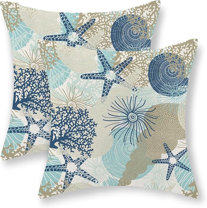 Nautical Coastal Pillow Covers 18x18 Inch Set of 2, Beach Themed Ocean Throw Pillows Starfish Seashell Decorations Summer Pillowcase Linen Outdoor Decor Farmhouse Cushion Case for Home Bedroom